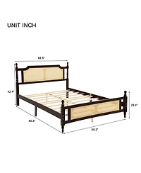 Sailvan Queen Pine wooden Bed with Rattan Headboard and Footboard, Central Enhanced Bed Platform