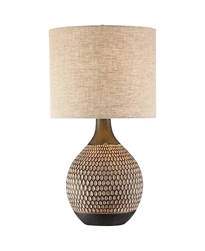 360 Lighting Mid-Century Modern Accent Table Lamp with Usb Charging Port 21" High Wood Ceramic Oatmeal Drum Shade Living Room Desk Bedroom