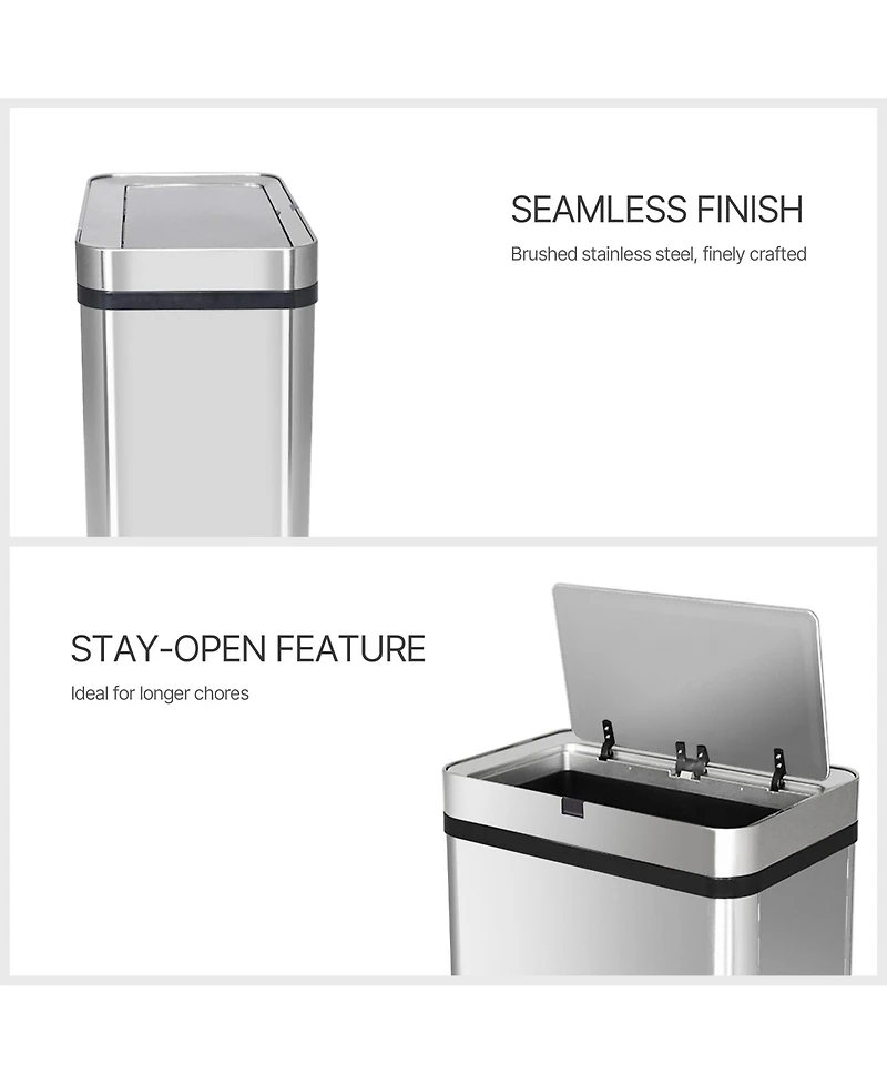 Mega Casa 16 Gallon Stainless Steel Rectangular Motion Sensor Trash Can with Silent Close Lid and Stay-Open Feature