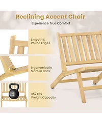 Gymax 2PCS Teak Wood Outdoor Reclining Chair Natural Mid Century Accent Chair w/ Backrest