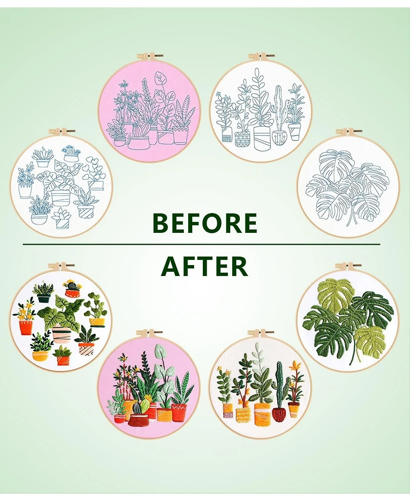 Gnuadz 4 Pack Embroidery Kit Beginners Plant Patterns Canvas Hoops Diy Gift