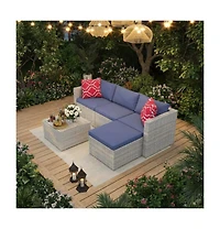 GarveeLife 5 Piece Outdoor Convertible Sectional Set with Ottoman and Tempered Glass Table, Pe Rattan Conversation Seating