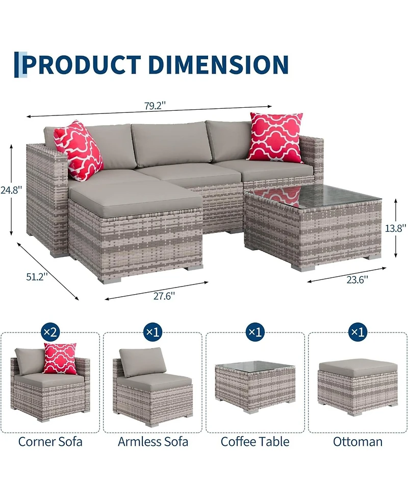 GarveeLife 5 Piece Outdoor Convertible Sectional Set with Ottoman and Tempered Glass Table, Pe Rattan Conversation Seating