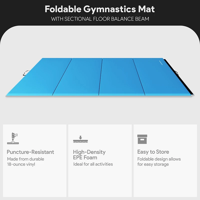 BalanceFrom Fitness All-Purpose Folding Anti Tear 4 Panel Fitness Mat w/ Sectional Floor Balance Beam for Aerobics & Gymnastics, Blue