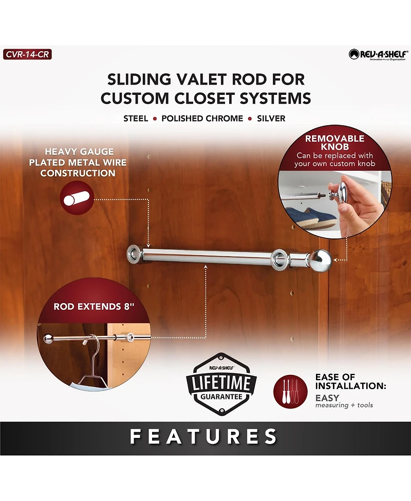 Rev-a-Shelf 14" Extendable Metal Designer Closet Valet Rod, Chrome, Cvr-14-cr
