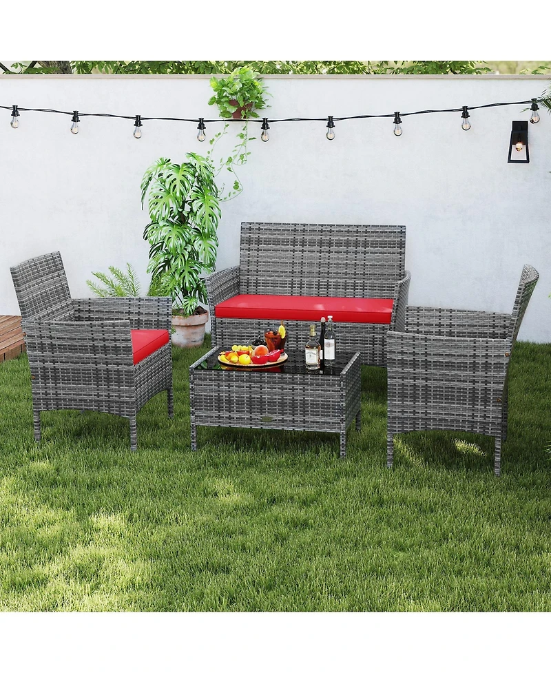 Gouun 4-Piece Patio Rattan Conversation Set with Loveseat, Chairs, and Glass Table