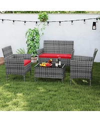 Gouun 4-Piece Patio Rattan Conversation Set with Loveseat, Chairs, and Glass Table