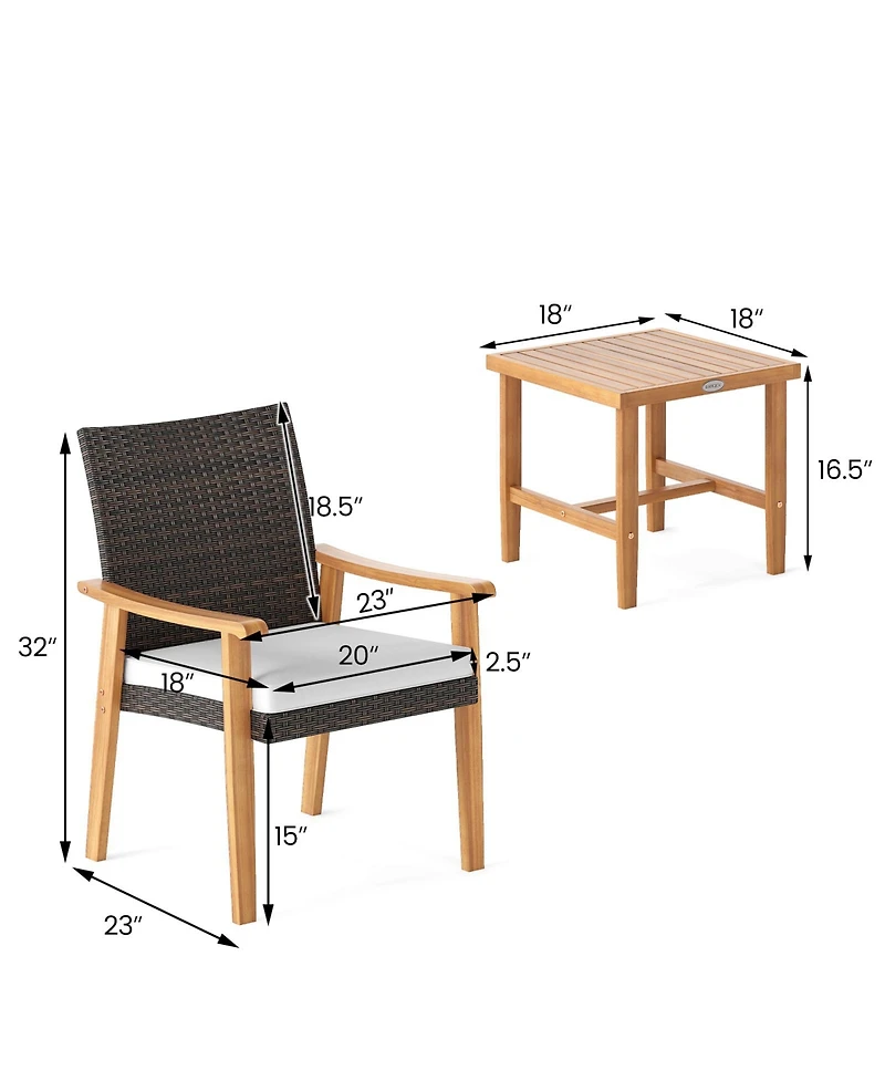 Gouun 3-Piece Patio Wicker Conversation Set with Acacia Wood Side Table