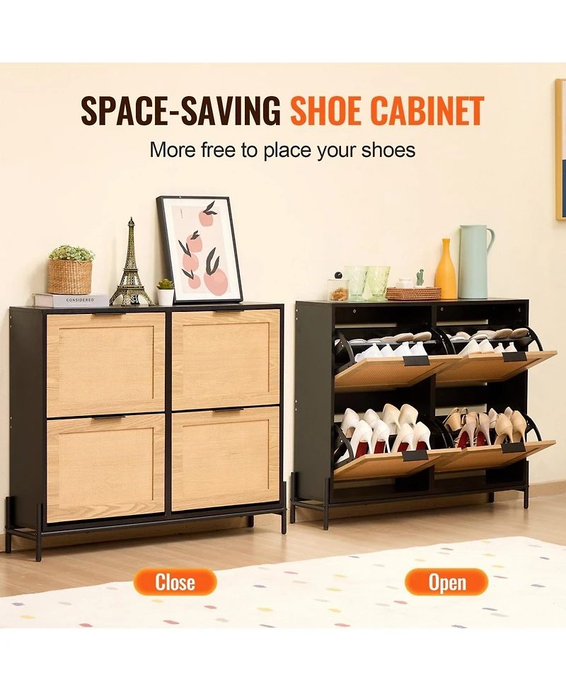 Sugift Rattan Shoe Cabinet, Narrow 4 Flip Drawers, Slim Storage for Entryway