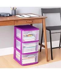 Homz Plastic 3 Drawer Medium Storage Container Tower, Clear Drawers/Purple Frame