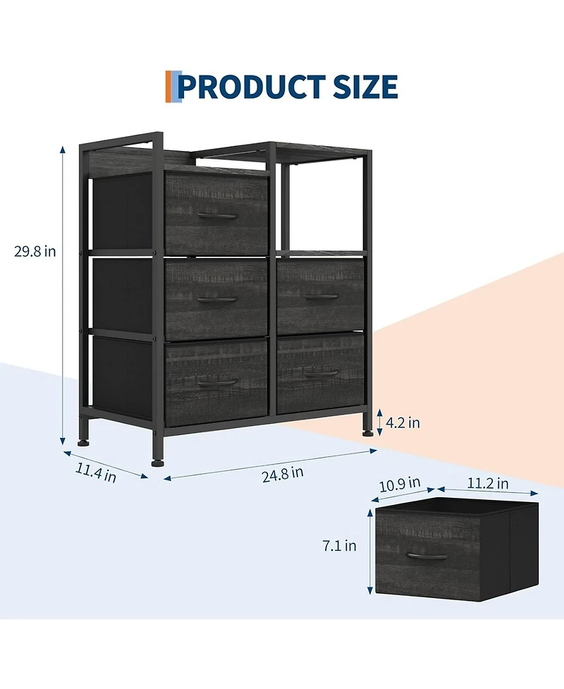 gaomon 5-Drawer Filing Cabinet with Open Storage Shelves and Rolling Printer Rack, Fabric Horizontal File