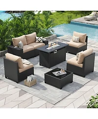 Aoxun 7-Piece Wicker Outdoor Sectional Sofa Set with Cushions with 44" Propane Fire Pit Table