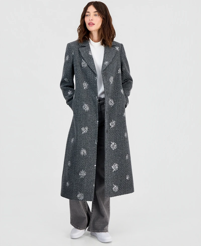 CeCe Petite Single-Breasted Sparkle Boucle Maxi Coat