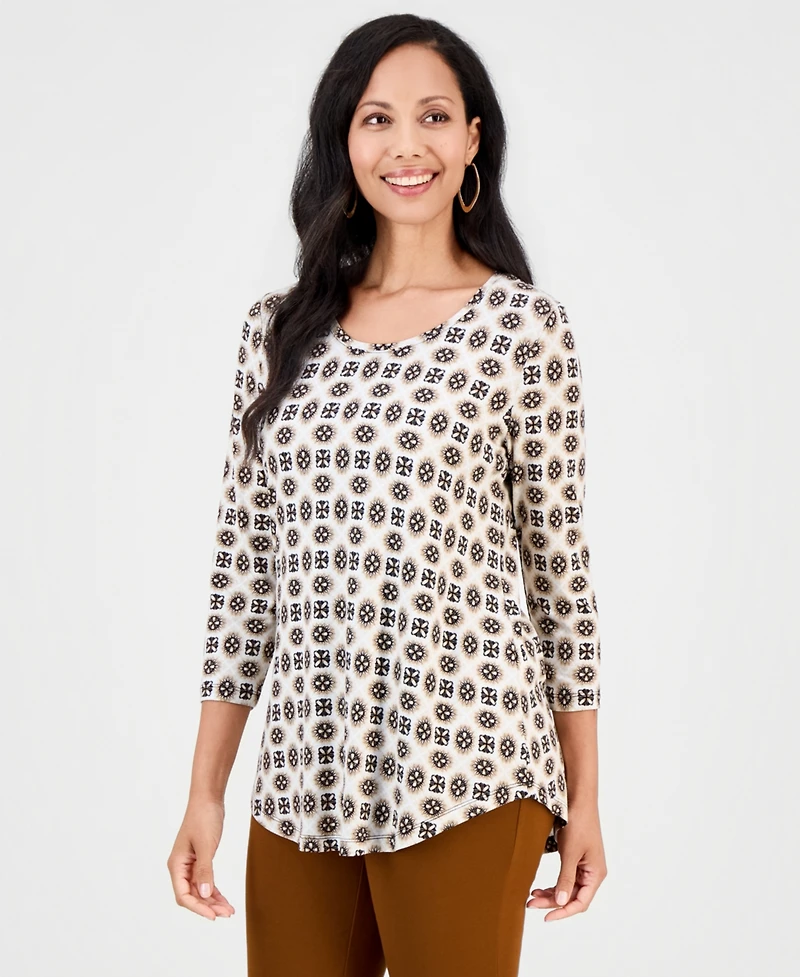 Jm Collection Women's Printed Scoop-Neck 3/4-Sleeve Top, Macy's Exclusive