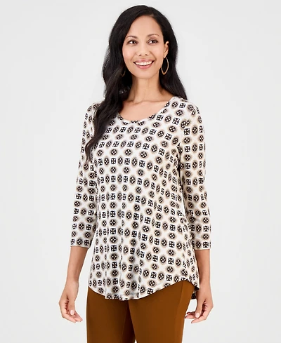 Jm Collection Women's Printed Scoop-Neck 3/4-Sleeve Top, Macy's Exclusive