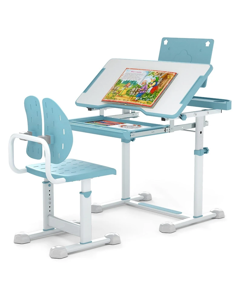 Gouun Kids Height-Adjustable Study Desk and Chair with Tilt Desktop and Book Stand
