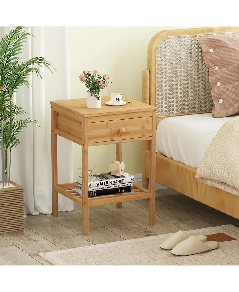 Gouun Bamboo Nightstand with Storage Drawer and Slatted Open Shelf