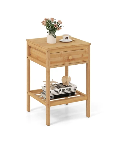 Gouun Bamboo Nightstand with Storage Drawer and Slatted Open Shelf