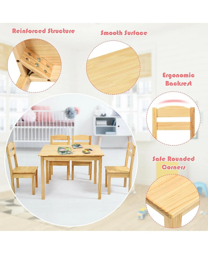 Gouun 5 pcs Kids Pine Wood Table Chair Set