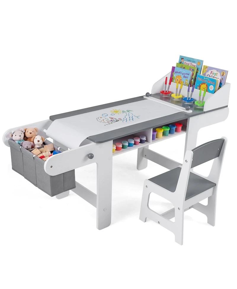 Slickblue Toddler Art Station Table Set with Paper Roll and Storage Bins