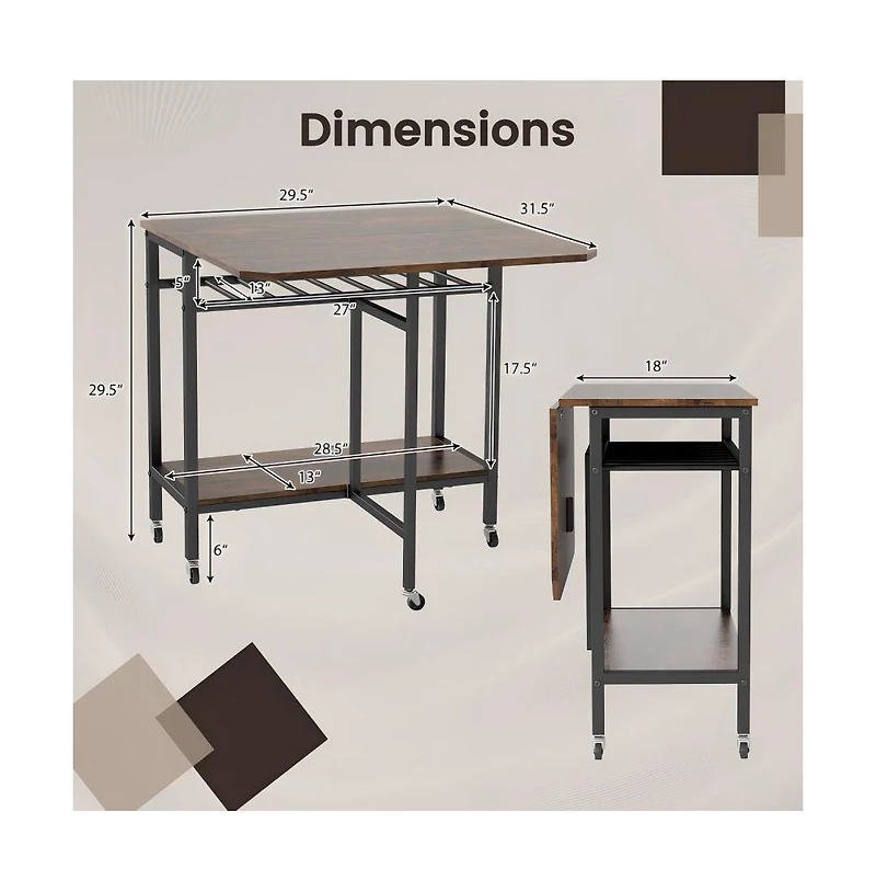 Gouun Folding Dining Table with Wine Rack, Open Shelf, and Wheels