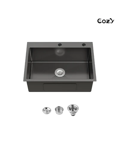 Busdays 27 x 19 Inches Stainless Steel Kitchen Sink Single Bowl Overmount Handmade with Us Standard Drain and Hook
