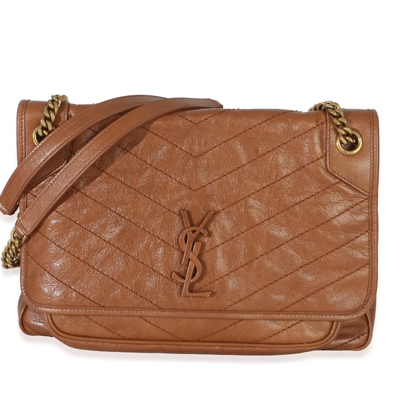 Pre-Owned Saint Laurent Caramel Crinkled Calfskin Matelasse Medium Niki Chain Satchel