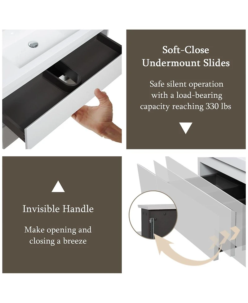 Sillysis Inch Glossy Wall Mounted Bathroom Vanity with Resin Sink and Soft Close Drawers