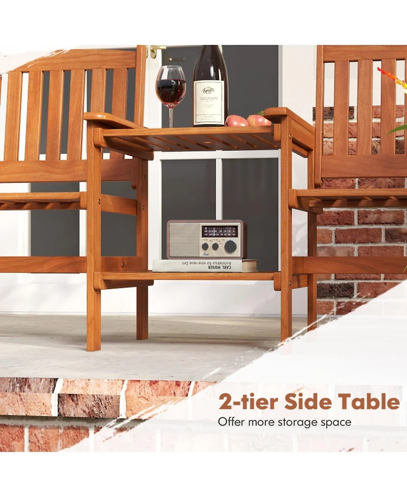 Gouun 2-Seater Solid Wood Outdoor Chair Set with 2-Tier Side Table and Umbrella Hole