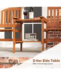 Gouun 2-Seater Solid Wood Outdoor Chair Set with 2-Tier Side Table and Umbrella Hole