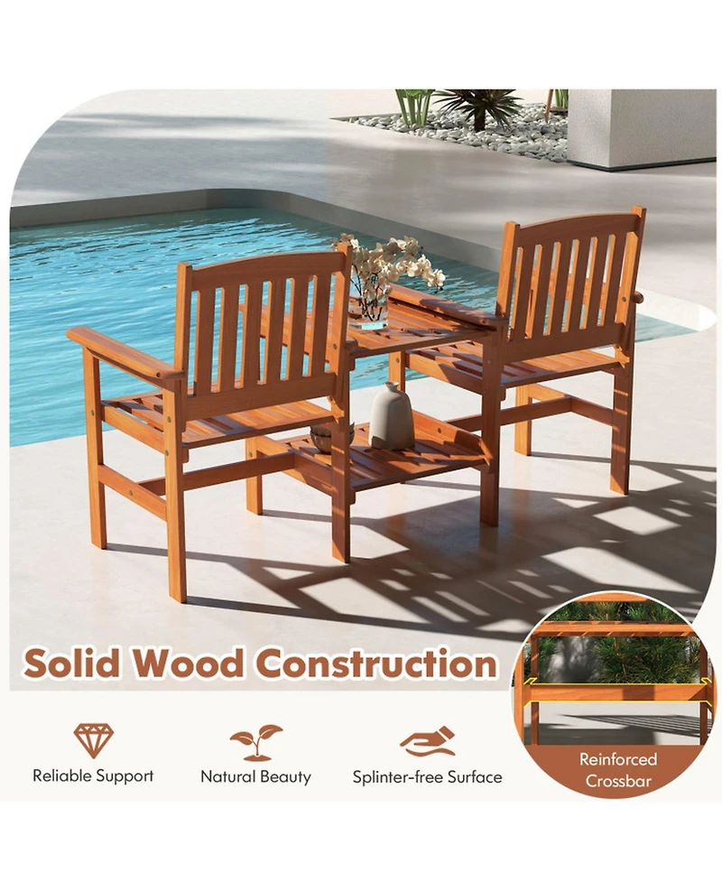Gouun 2-Seater Solid Wood Outdoor Chair Set with 2-Tier Side Table and Umbrella Hole