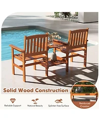 Gouun 2-Seater Solid Wood Outdoor Chair Set with 2-Tier Side Table and Umbrella Hole