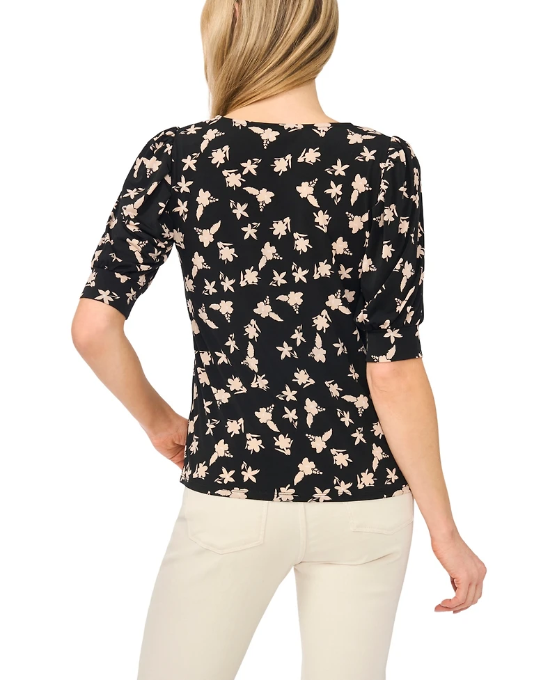 CeCe Women's Printed Crewneck Shirred Top