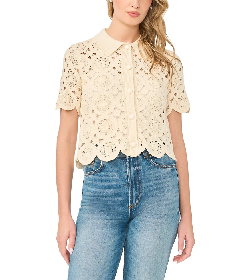 CeCe Women's Short-Sleeve Crochet Cardigan