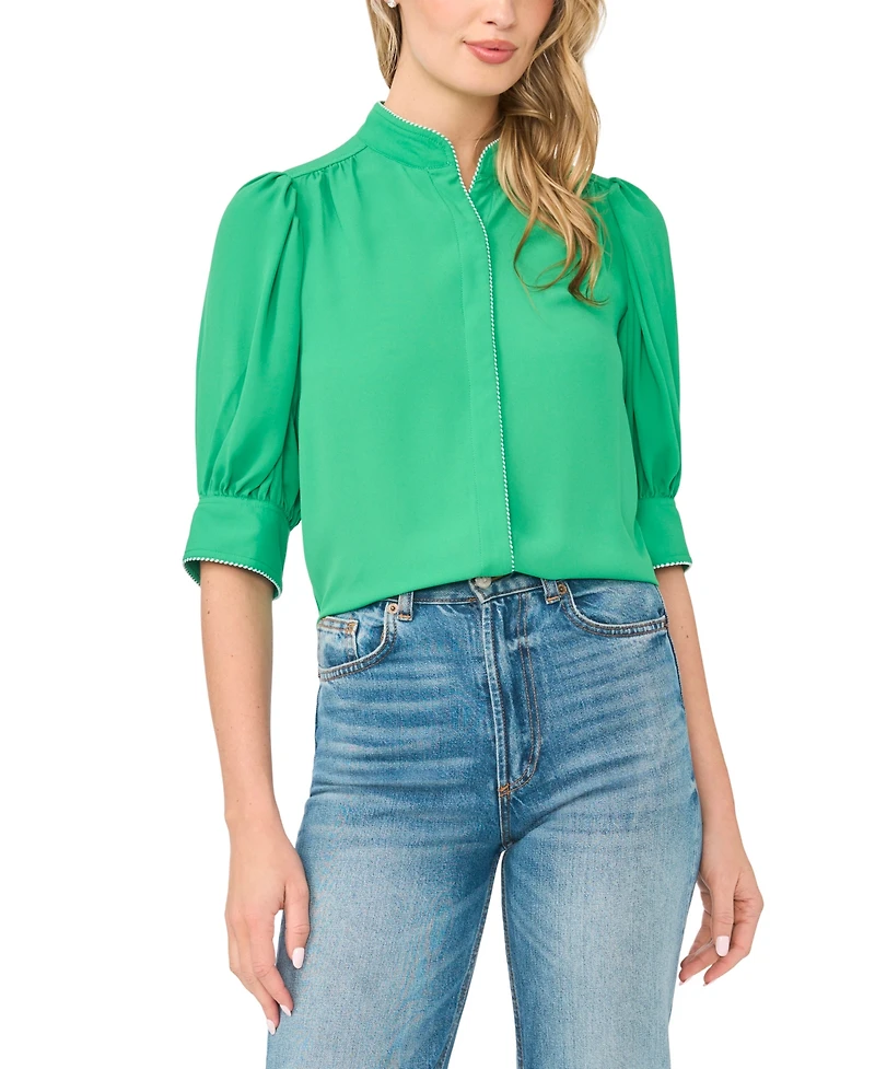 CeCe Women's Pearce Puff-Sleeve Open Collar Top