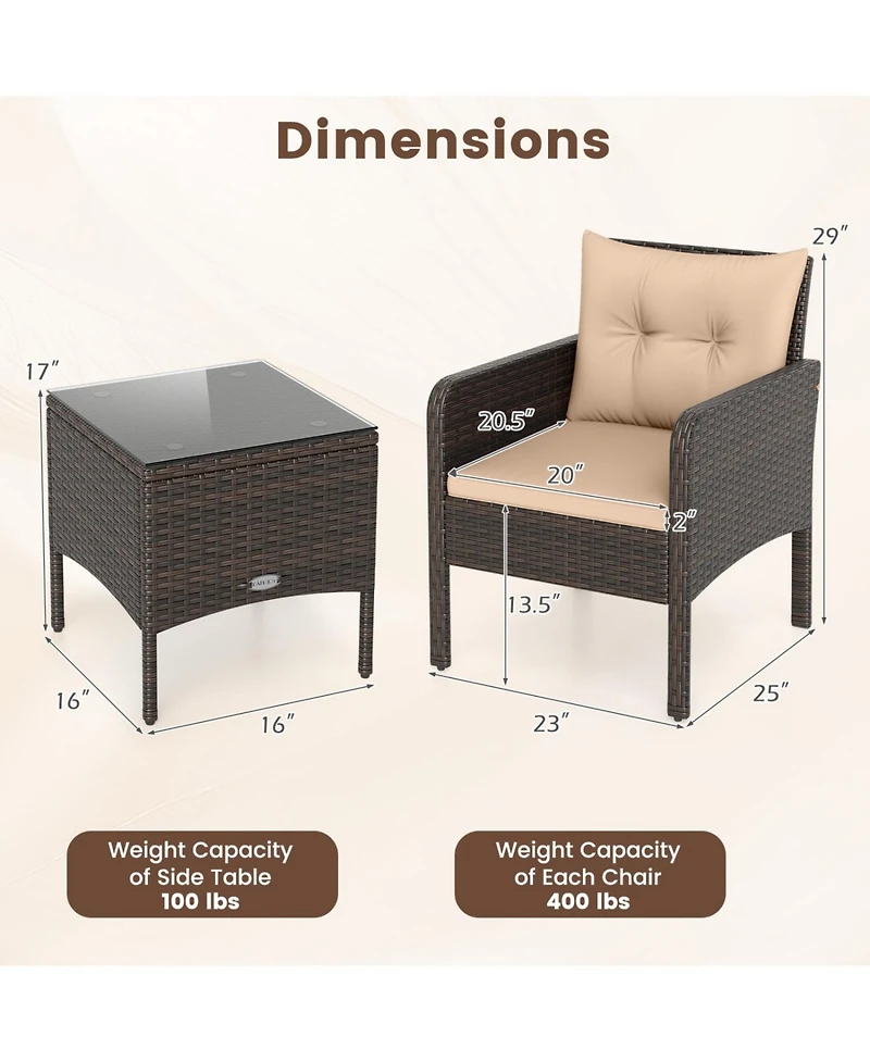 Slickblue Patio Rattan Set 3 Piece Cushioned Seating for Balcony