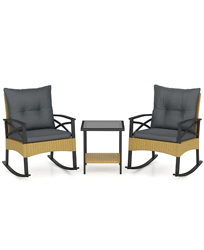 Slickblue 3 Piece Outdoor Rattan Rocking Chair Set with Side Table