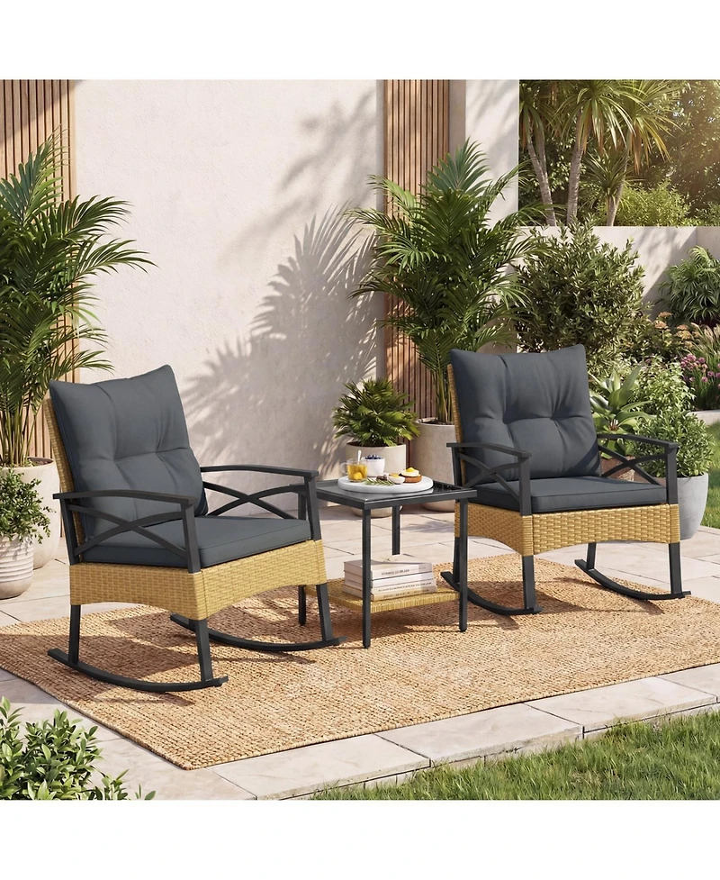 Slickblue 3 Piece Outdoor Rattan Rocking Chair Set with Side Table