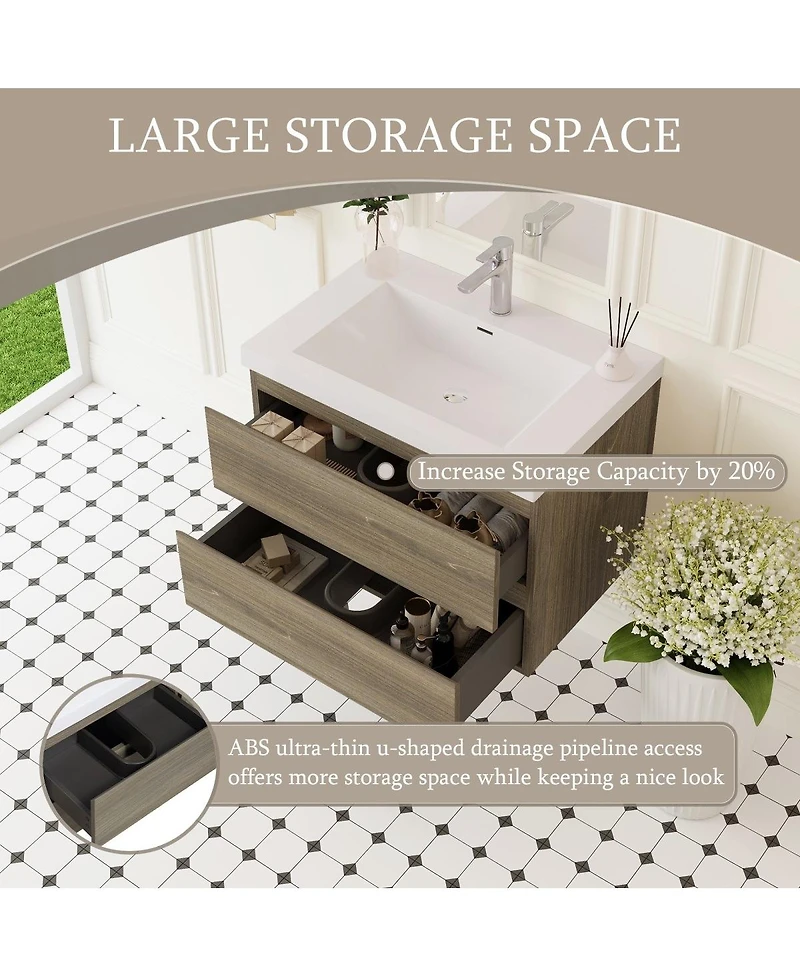 Sillysis 29.5 Inch Wall Mounted Bathroom Vanity with Resin Sink, Soft Close Drawers, Modern Storage Cabinet, Easy Installation