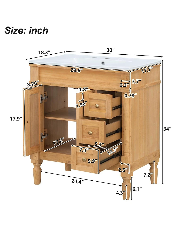 Sillysis 30 Inch Bathroom Vanity with Ceramic Sink, Solid Wood Free-Standing Cabinet, Soft Close Storage, Adjustable Shelf