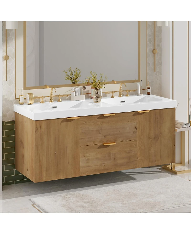 Sillysis 59 Inch Double Sink Bathroom Vanity, Wall Mounted Cabinet with Smc Countertop, Soft Close Drawers for Large Bathrooms