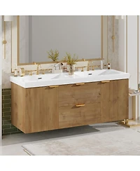 Sillysis 59 Inch Double Sink Bathroom Vanity, Wall Mounted Cabinet with Smc Countertop, Soft Close Drawers for Large Bathrooms
