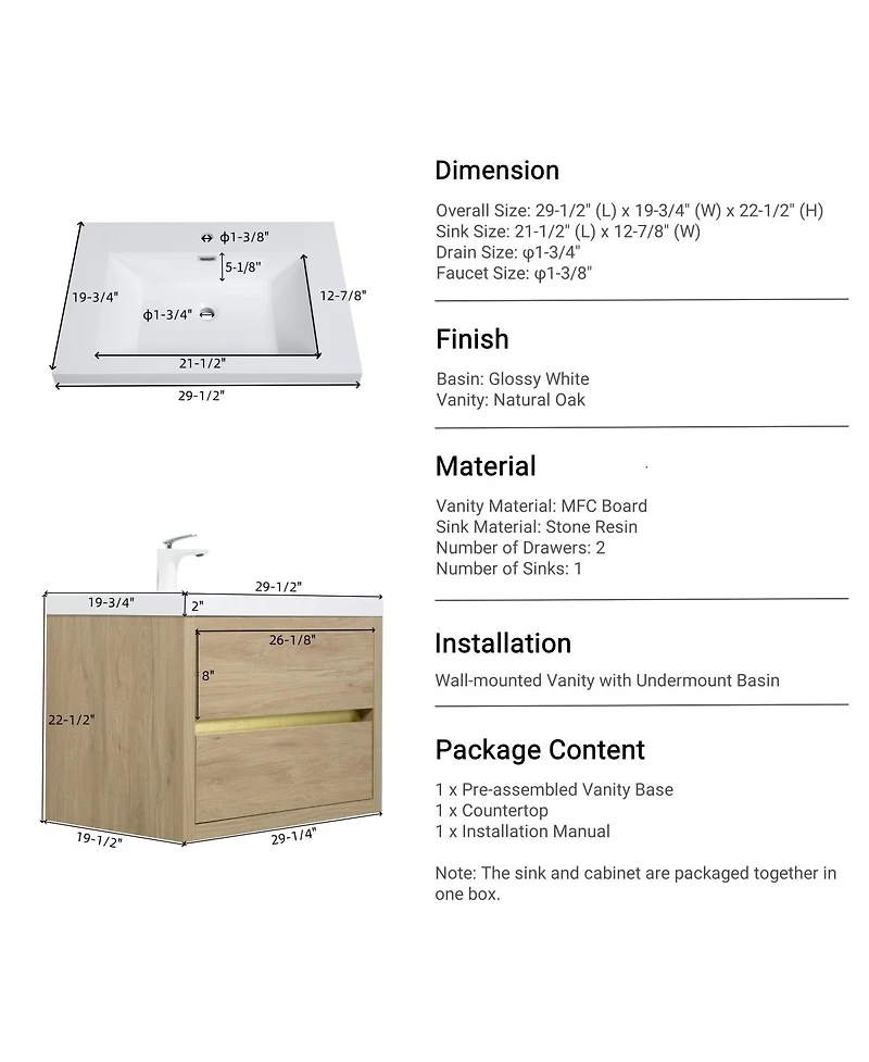 Sillysis Wall Mounted Bathroom Vanity with Stone Resin Sink, Soft Close Drawers