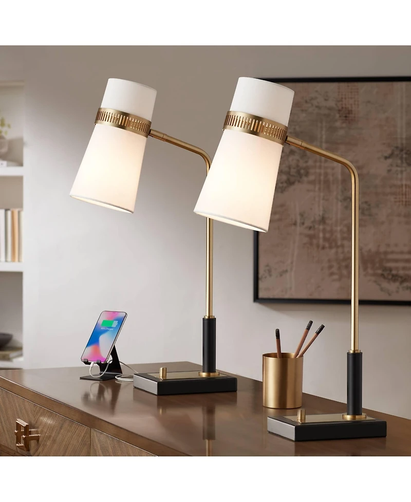 Possini Euro Design Cartwright 32" Tall Large Modern Desk Lamps Set of 2 Usb Port Brass Finish Metal Home Office Charging