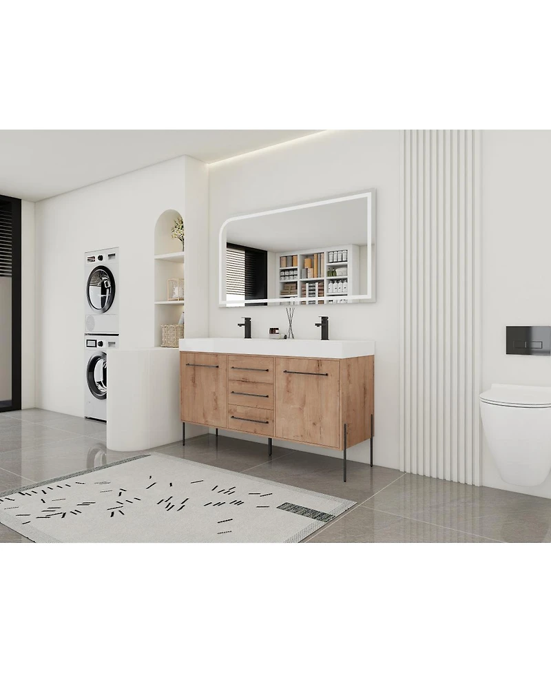 Sillysis Modern Double Sink Bathroom Vanity, Soft-Close Imitative Oak Plywood Cabinet, Water and Scratch Resistant for Bathroom