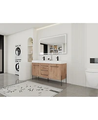 Sillysis Modern Double Sink Bathroom Vanity, Soft-Close Imitative Oak Plywood Cabinet, Water and Scratch Resistant for Bathroom