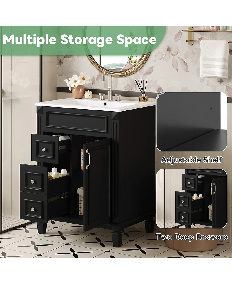 Sillysis Bathroom Vanity with Ceramic Sink, 2 Drawers and Adjustable Shelf, Modern French Freestanding Cabinet for Small Spaces