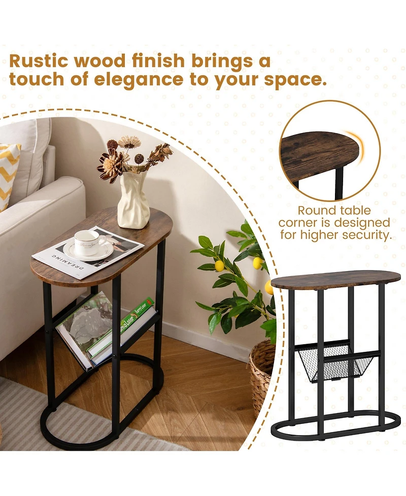 Slickblue Industrial Oval End Table with 2-Tier Design and Mesh Storage Shelf