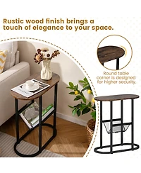 Slickblue Industrial Oval End Table with 2-Tier Design and Mesh Storage Shelf