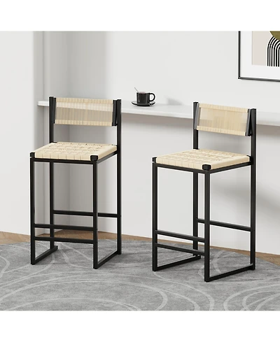 flynama Woven Paper Rope Bar Stools Set of 2 with Backrest, Style B
